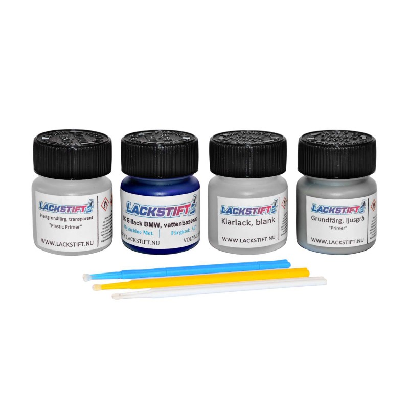Lackstift 1K Billack - Kit Premium - 30 ml färg 30 ml klarlack 30 ml primer 30 ml plastgrund 6 st mikropenslar